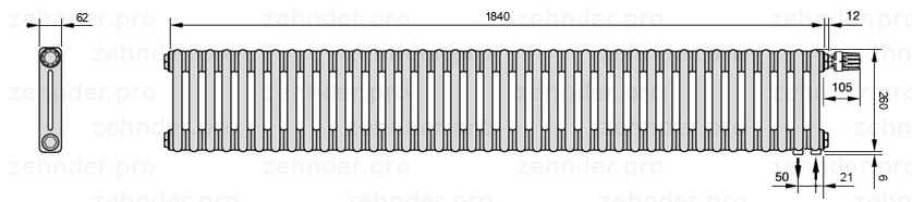 Схема (чертеж) Радиатор Zehnder Charleston 2026/40 №V002 Белый глянцевый RAL 9016